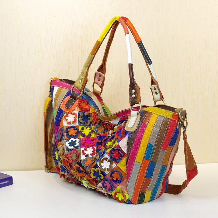 chic charm colorful-cowhide-leather-handbags-with-floral-design