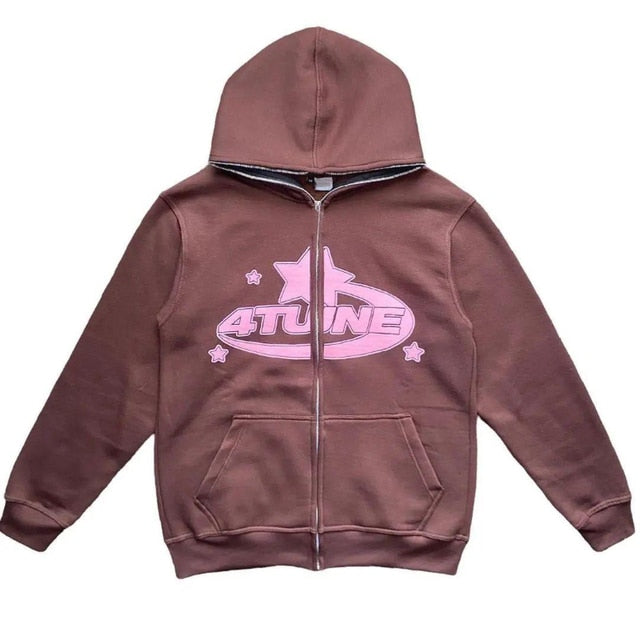 Chic Charm Star Printed Zip Up Hoodie