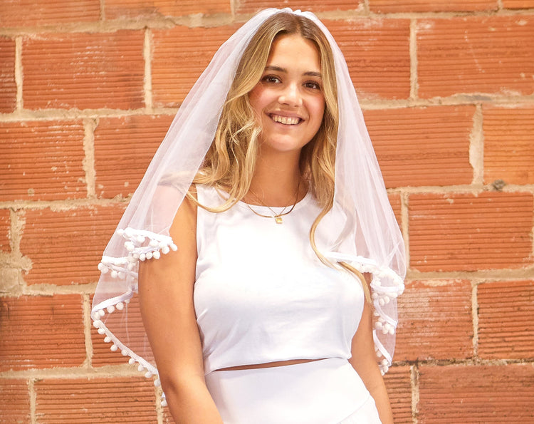 Chic Charm White Pom Pom Bachelorette Party Veil