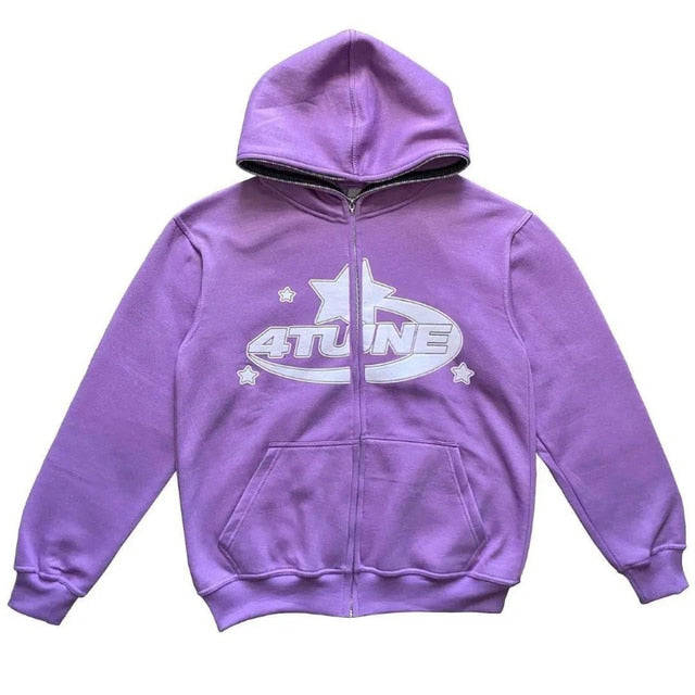Chic Charm Star Printed Zip Up Hoodie