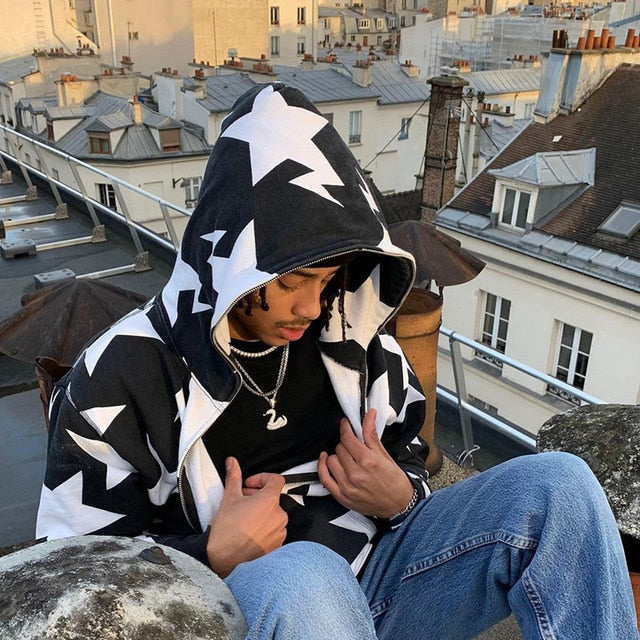 Chic Charm Star Printed Zip Up Hoodie