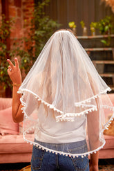 Chic Charm White Pom Pom Bachelorette Party Veil