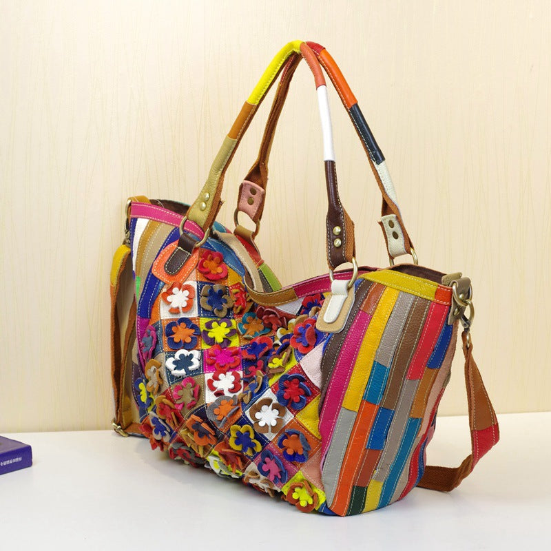 chic charm colorful-cowhide-leather-handbags-with-floral-design