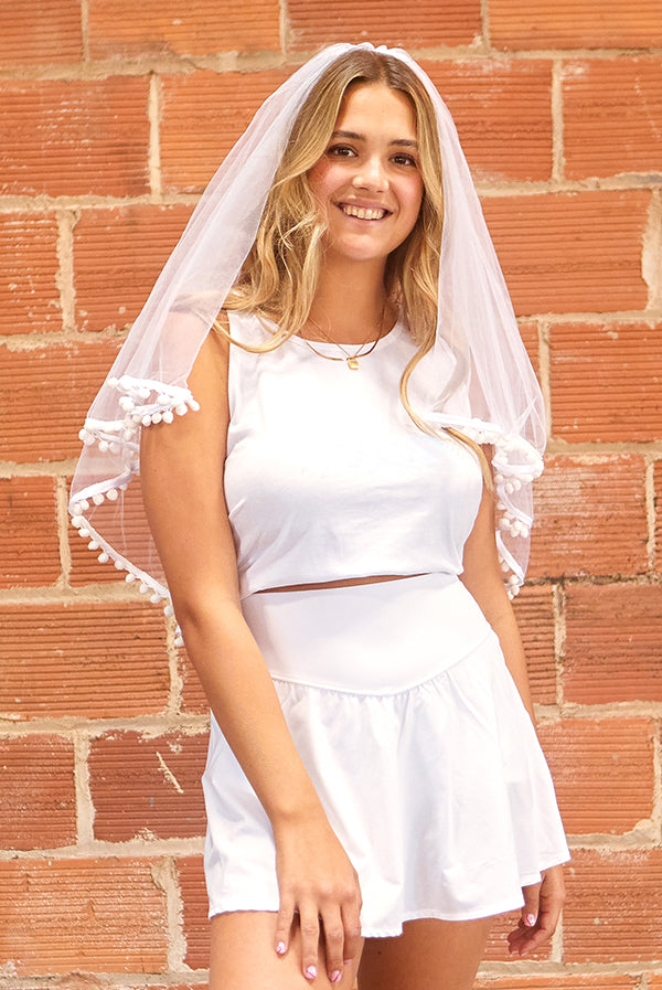 Chic Charm White Pom Pom Bachelorette Party Veil