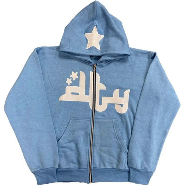 Chic Charm Star Printed Zip Up Hoodie
