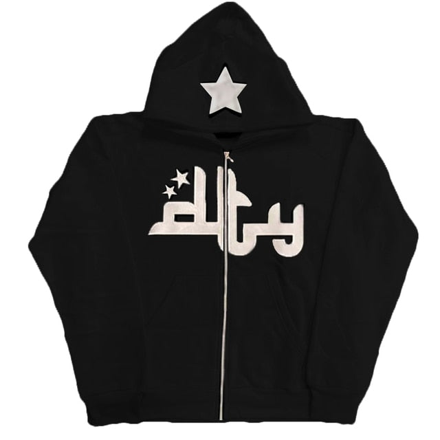 Chic Charm Star Printed Zip Up Hoodie