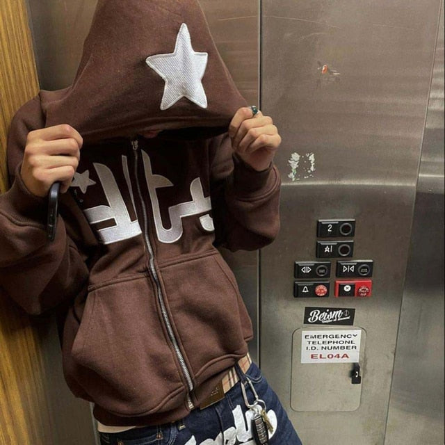 Chic Charm Star Printed Zip Up Hoodie