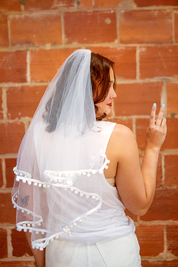 Chic Charm White Pom Pom Bachelorette Party Veil